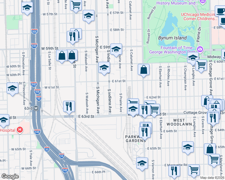 map of restaurants, bars, coffee shops, grocery stores, and more near 6146 South Prairie Avenue in Chicago