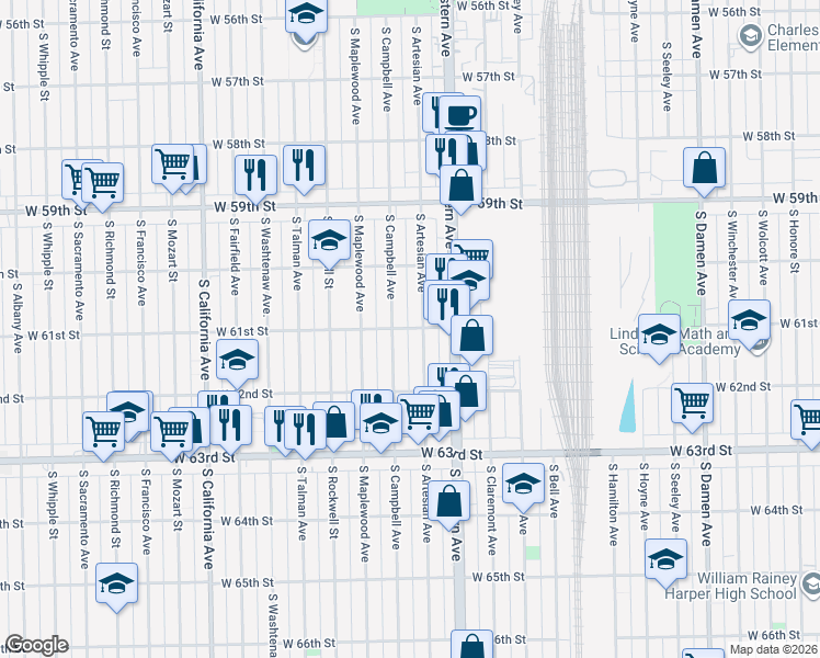 map of restaurants, bars, coffee shops, grocery stores, and more near 6110 South Artesian Avenue in Chicago
