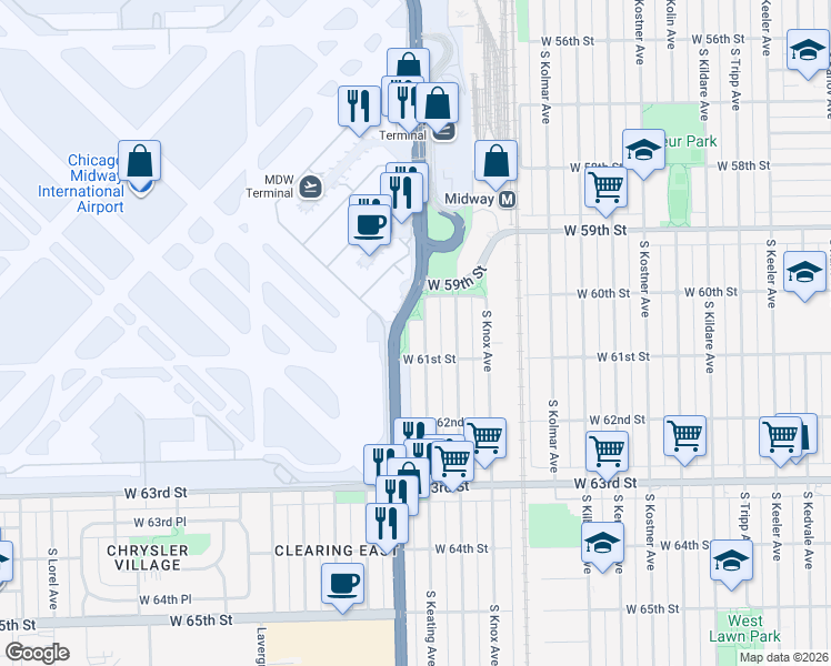 map of restaurants, bars, coffee shops, grocery stores, and more near 6051 South Keating Avenue in Chicago