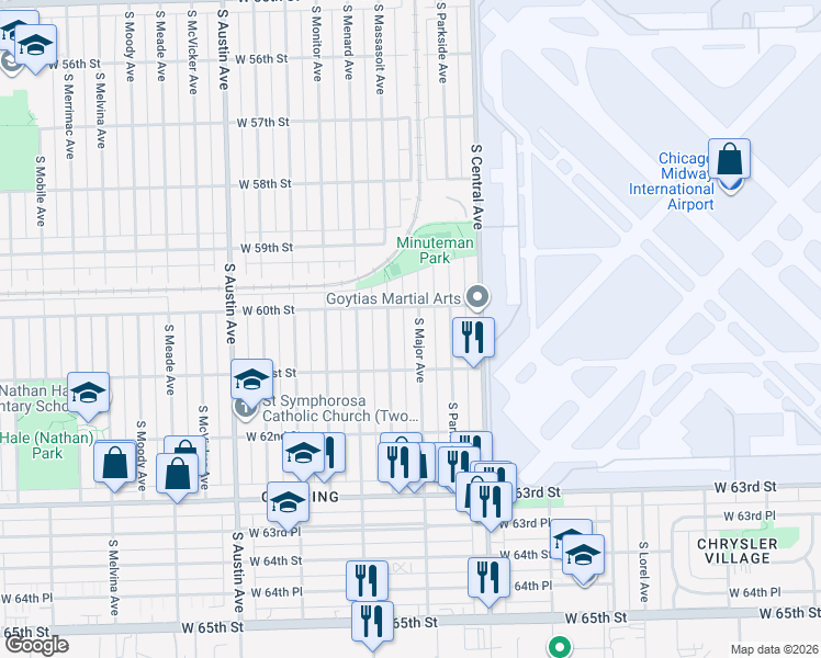 map of restaurants, bars, coffee shops, grocery stores, and more near 6035 South Massasoit Avenue in Chicago
