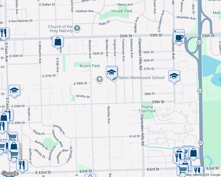 map of restaurants, bars, coffee shops, grocery stores, and more near 5821 Bentley Avenue in Clarendon Hills
