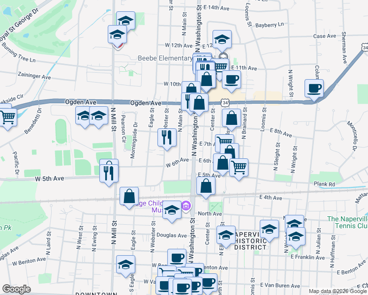 map of restaurants, bars, coffee shops, grocery stores, and more near 619 North Main Street in Naperville