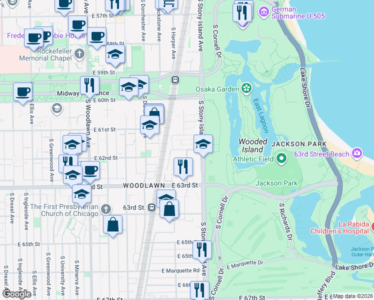 map of restaurants, bars, coffee shops, grocery stores, and more near Harper in Chicago