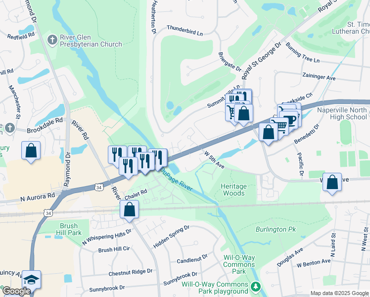 map of restaurants, bars, coffee shops, grocery stores, and more near 706 Prescott Court in Naperville