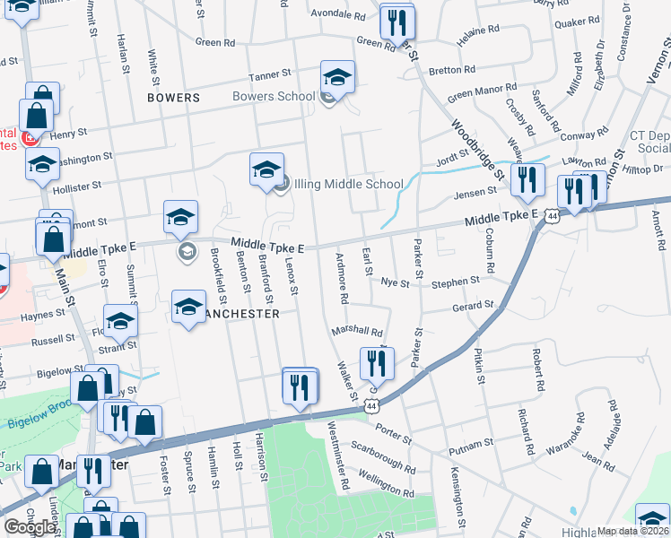 map of restaurants, bars, coffee shops, grocery stores, and more near 133 Walker Street in Manchester