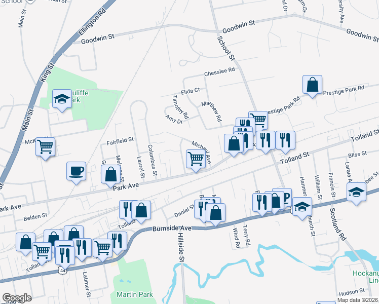 map of restaurants, bars, coffee shops, grocery stores, and more near 48 Deerfield Avenue in East Hartford