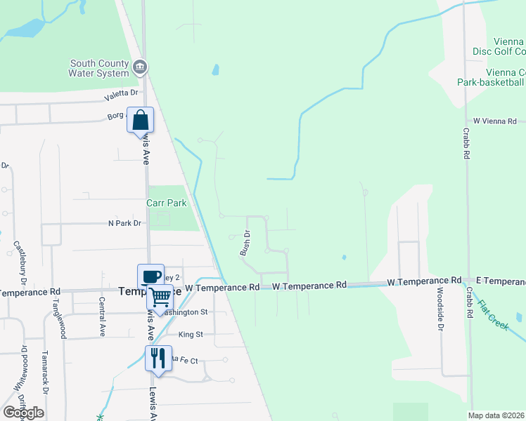 map of restaurants, bars, coffee shops, grocery stores, and more near 9174 Village Meadows Drive in Temperance