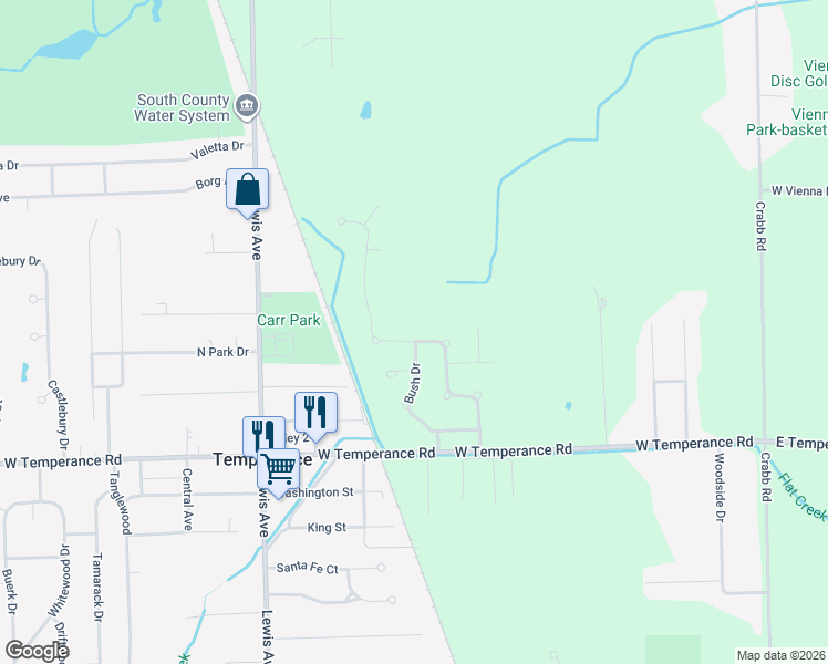 map of restaurants, bars, coffee shops, grocery stores, and more near 9256 Village Meadows Drive in Temperance