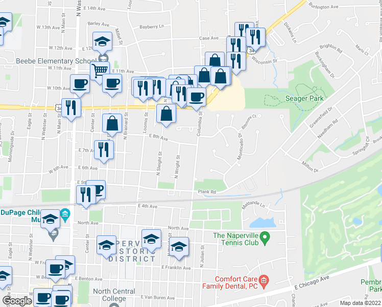 map of restaurants, bars, coffee shops, grocery stores, and more near 626 Columbia Street in Naperville