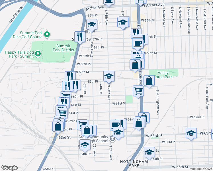 map of restaurants, bars, coffee shops, grocery stores, and more near 6059 74th Court in Summit