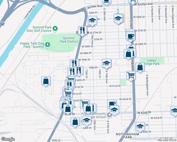 map of restaurants, bars, coffee shops, grocery stores, and more near 6060 75th Court in Summit