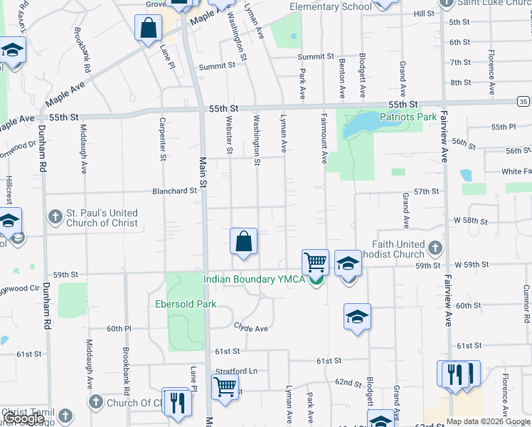 map of restaurants, bars, coffee shops, grocery stores, and more near 5745 Washington Street in Downers Grove