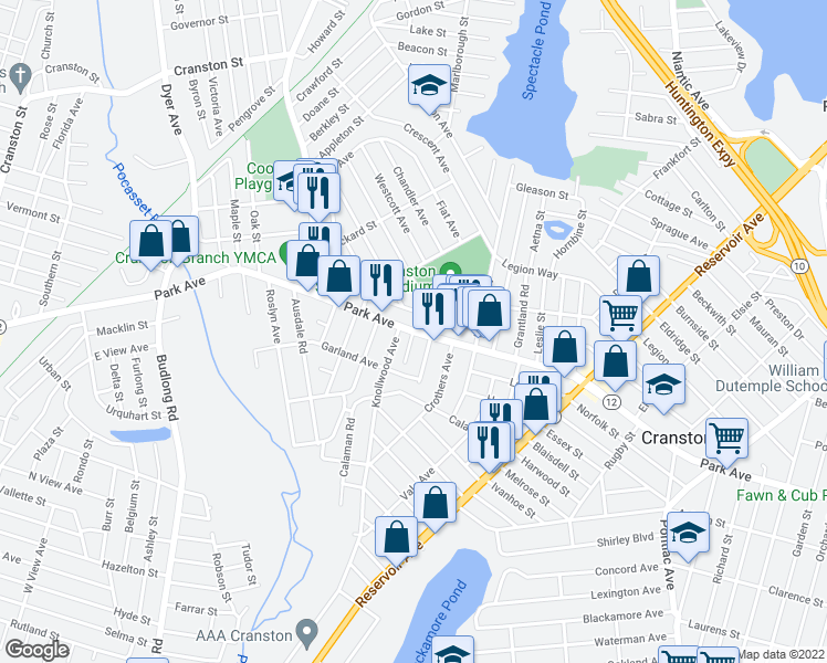 map of restaurants, bars, coffee shops, grocery stores, and more near Egan Road in Cranston