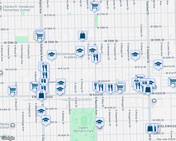 map of restaurants, bars, coffee shops, grocery stores, and more near 6119 South Elizabeth Street in Chicago