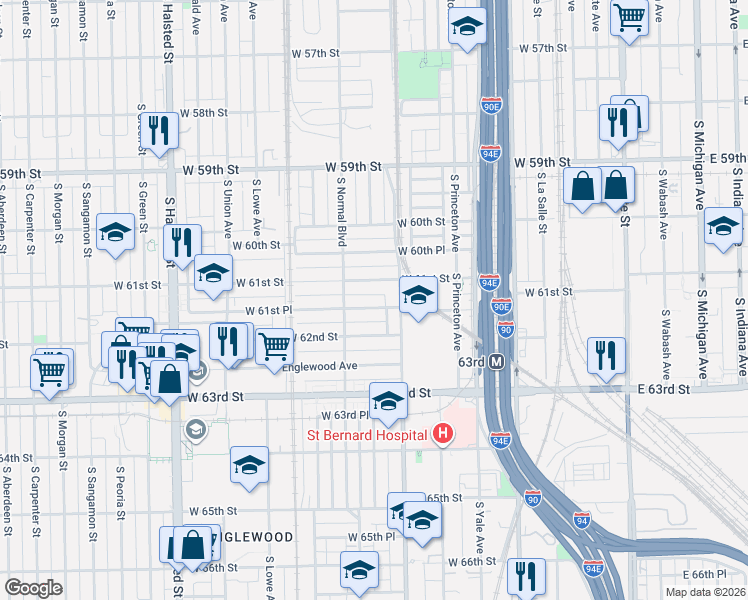 map of restaurants, bars, coffee shops, grocery stores, and more near 421 West 61st Place in Chicago