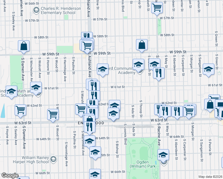 map of restaurants, bars, coffee shops, grocery stores, and more near 6123 South Laflin Street in Chicago