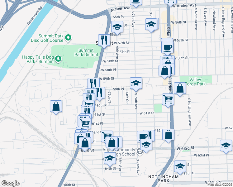 map of restaurants, bars, coffee shops, grocery stores, and more near 6058 75th Avenue in Summit