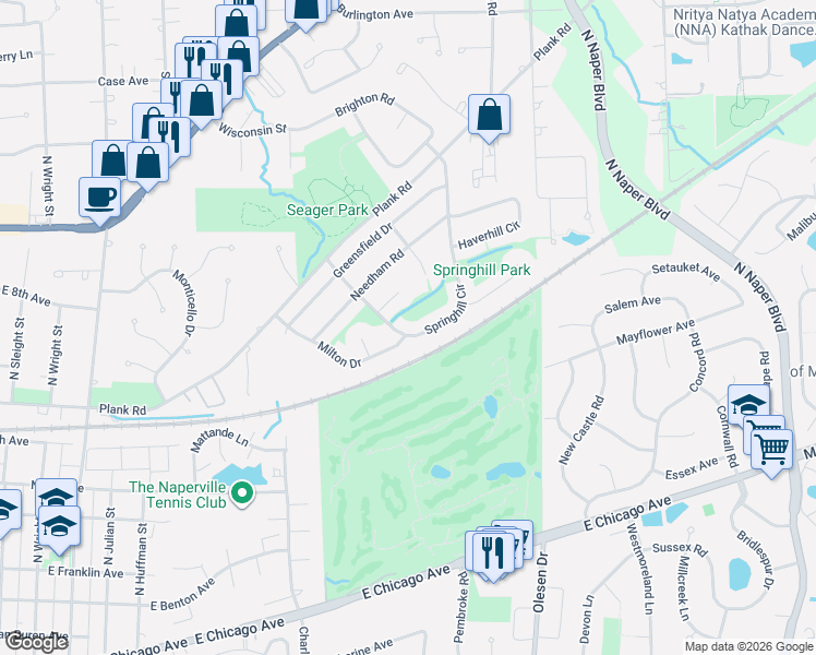 map of restaurants, bars, coffee shops, grocery stores, and more near 519 Milton Drive in Naperville