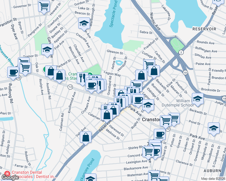 map of restaurants, bars, coffee shops, grocery stores, and more near 7 Grantland Road in Cranston