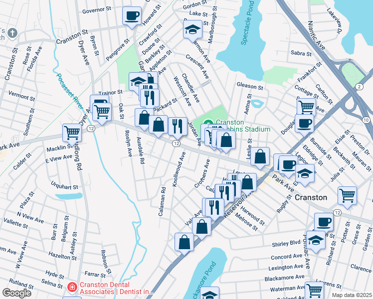 map of restaurants, bars, coffee shops, grocery stores, and more near 17 Egan Road in Cranston