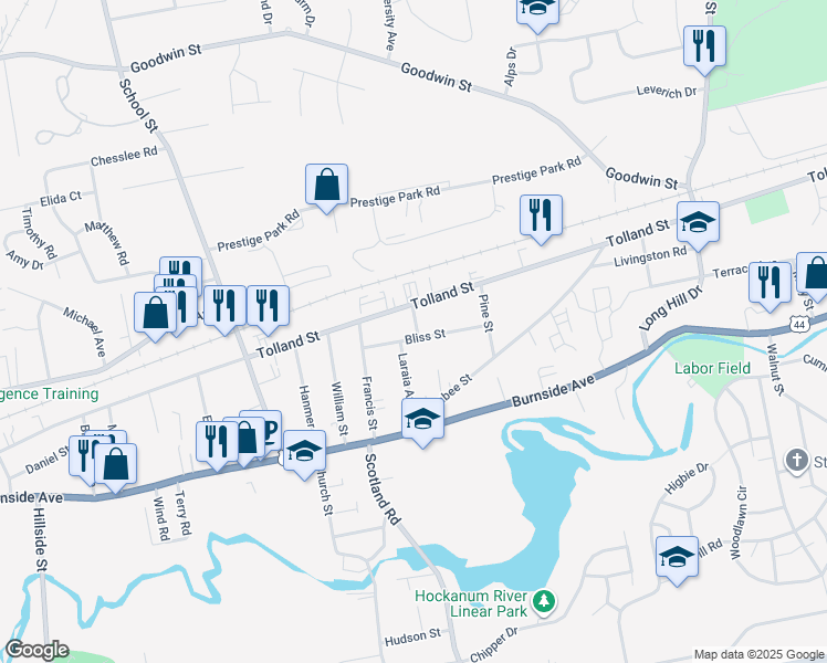 map of restaurants, bars, coffee shops, grocery stores, and more near 56 Laraia Avenue in East Hartford