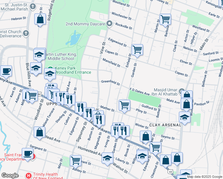 map of restaurants, bars, coffee shops, grocery stores, and more near 104 Vine Street in Hartford