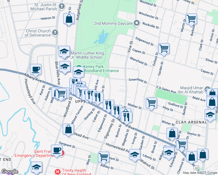 map of restaurants, bars, coffee shops, grocery stores, and more near 56 Lenox Street in Hartford