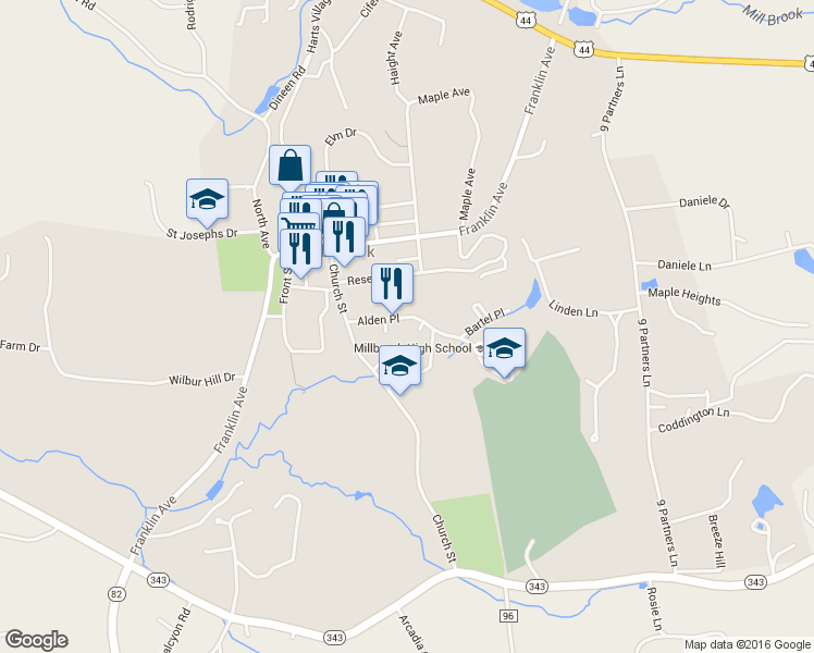 map of restaurants, bars, coffee shops, grocery stores, and more near 2 Alden Terrace in Millbrook