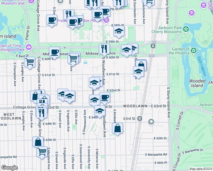 map of restaurants, bars, coffee shops, grocery stores, and more near 1210 East 62nd Street in Chicago