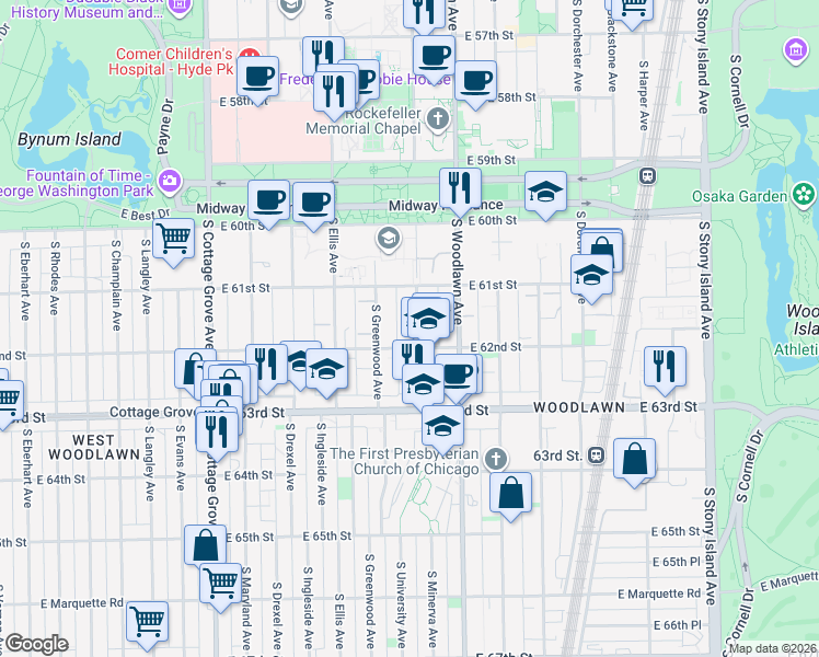 map of restaurants, bars, coffee shops, grocery stores, and more near 1126 East 62nd Street in Chicago