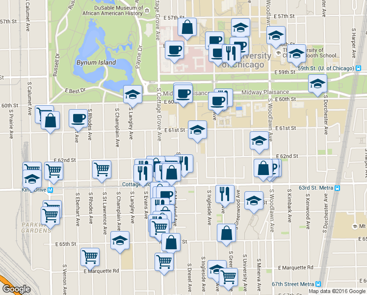 map of restaurants, bars, coffee shops, grocery stores, and more near 6140 South Drexel Avenue in Chicago