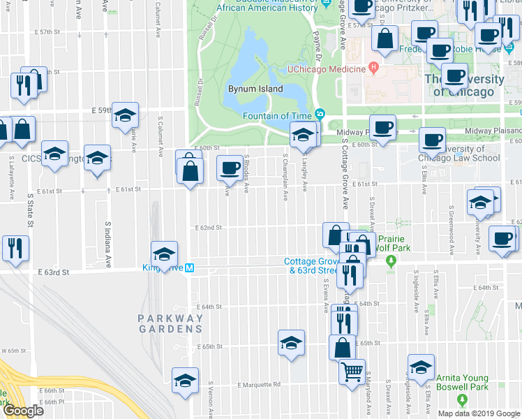map of restaurants, bars, coffee shops, grocery stores, and more near 6155 South Saint Lawrence Avenue in Chicago
