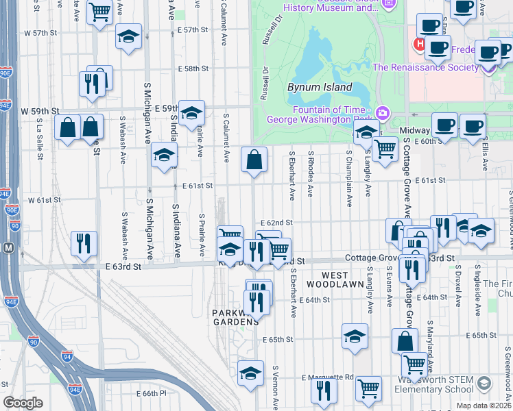 map of restaurants, bars, coffee shops, grocery stores, and more near 6146 South Vernon Avenue in Chicago