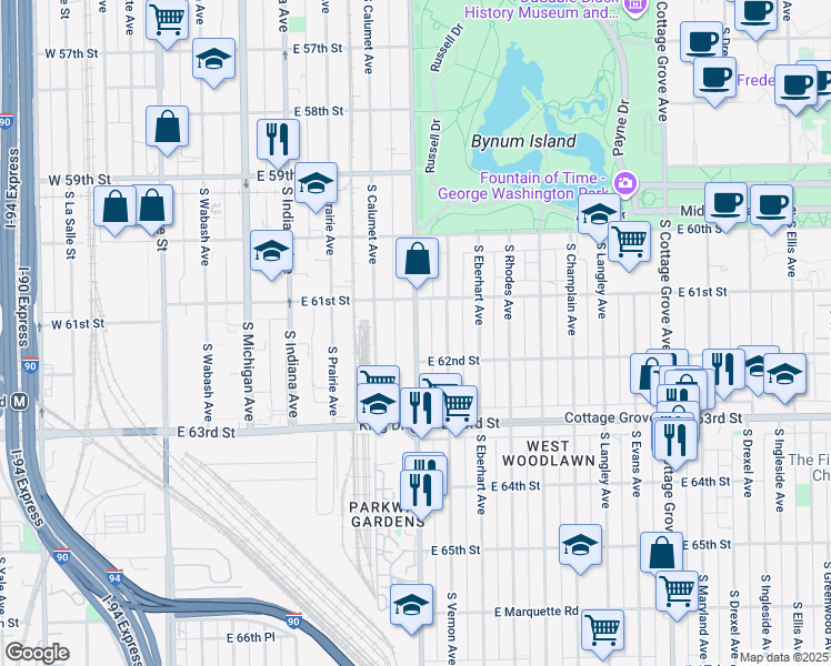 map of restaurants, bars, coffee shops, grocery stores, and more near 6146 South Vernon Avenue in Chicago