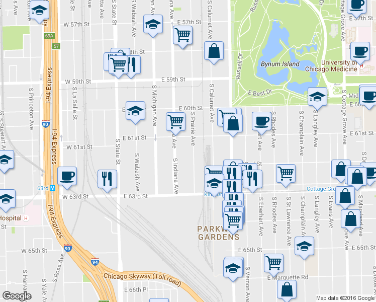 map of restaurants, bars, coffee shops, grocery stores, and more near 6146 South Prairie Avenue in Chicago
