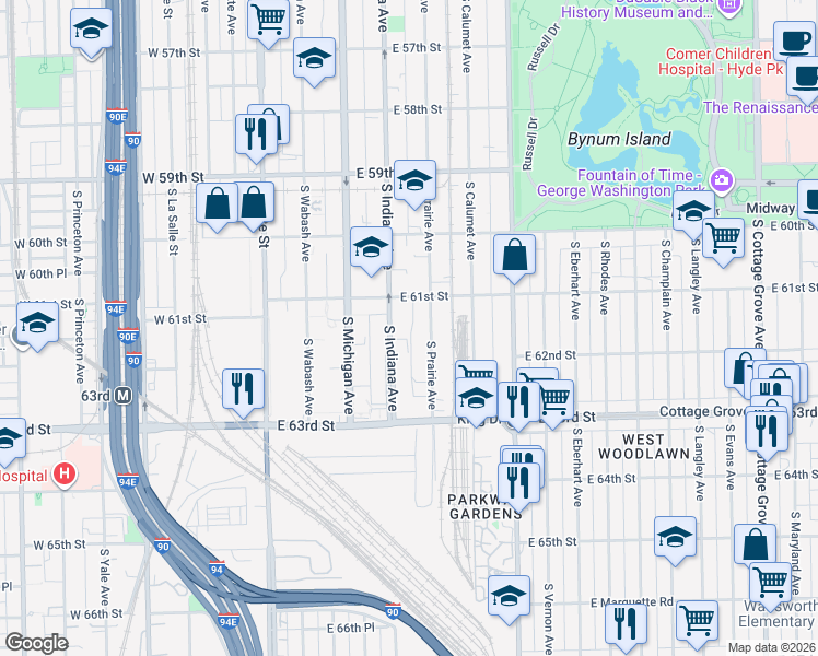 map of restaurants, bars, coffee shops, grocery stores, and more near 6146 South Prairie Avenue in Chicago