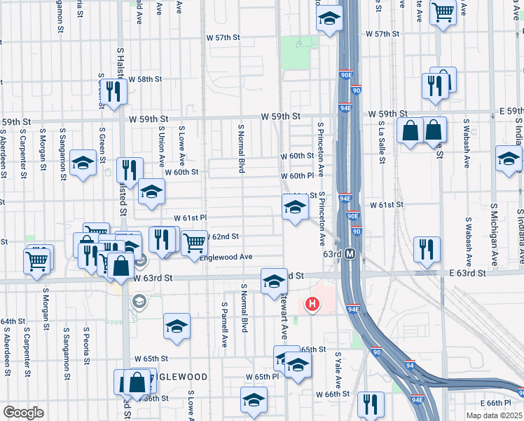 map of restaurants, bars, coffee shops, grocery stores, and more near 421 West 61st Place in Chicago