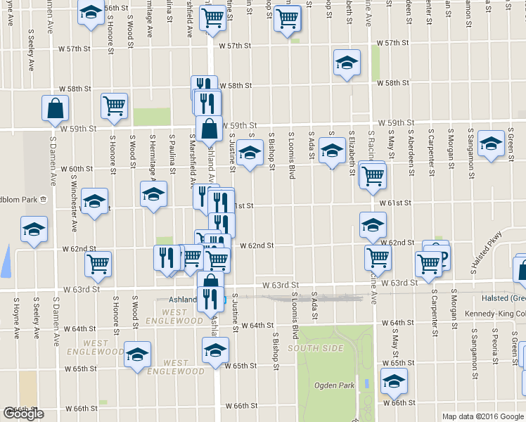 map of restaurants, bars, coffee shops, grocery stores, and more near 6123 South Laflin Street in Chicago