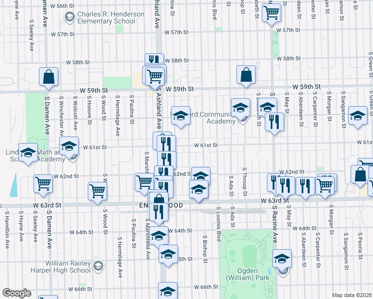 map of restaurants, bars, coffee shops, grocery stores, and more near 6123 South Laflin Street in Chicago