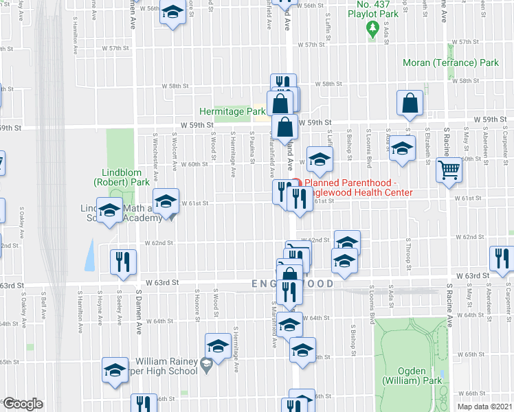 map of restaurants, bars, coffee shops, grocery stores, and more near 6118 South Marshfield Avenue in Chicago