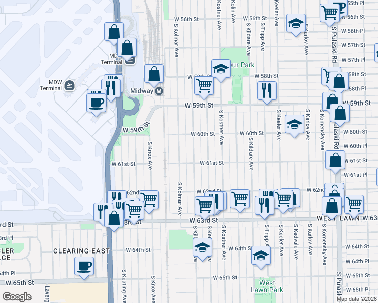 map of restaurants, bars, coffee shops, grocery stores, and more near 6053 South Kilbourn Avenue in Chicago