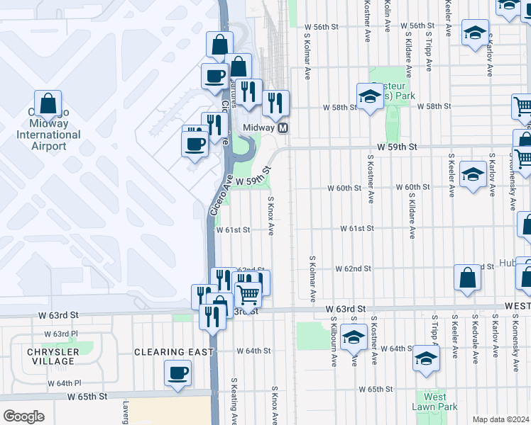 map of restaurants, bars, coffee shops, grocery stores, and more near 6047 South Kilpatrick Avenue in Chicago