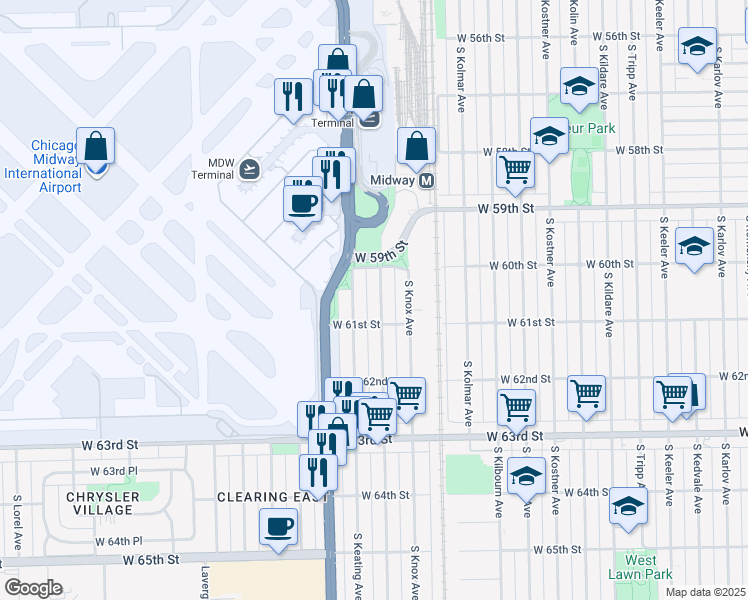 map of restaurants, bars, coffee shops, grocery stores, and more near 6051 South Keating Avenue in Chicago