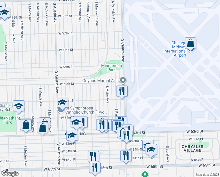 map of restaurants, bars, coffee shops, grocery stores, and more near 6034 South Parkside Avenue in Chicago