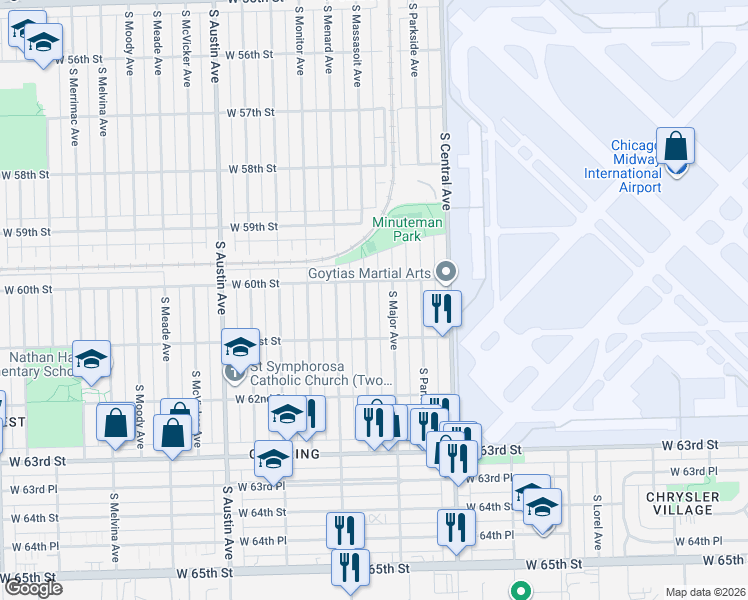 map of restaurants, bars, coffee shops, grocery stores, and more near 6035 South Massasoit Avenue in Chicago