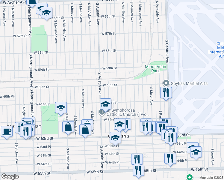 map of restaurants, bars, coffee shops, grocery stores, and more near 6026 South Mayfield Avenue in Chicago