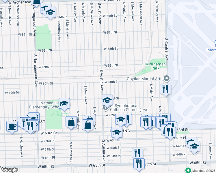 map of restaurants, bars, coffee shops, grocery stores, and more near 6028 South Mason Avenue in Chicago