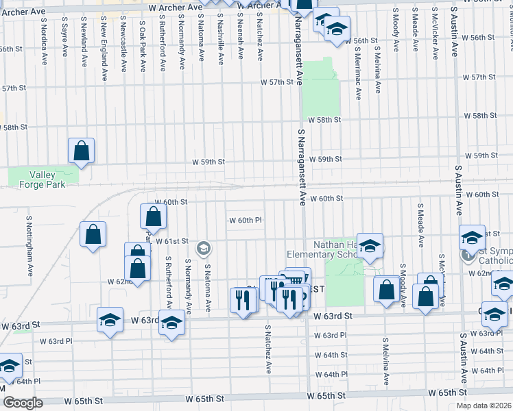 map of restaurants, bars, coffee shops, grocery stores, and more near 6512 West 60th Place in Chicago