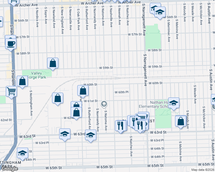 map of restaurants, bars, coffee shops, grocery stores, and more near 6017 South Natoma Avenue in Chicago