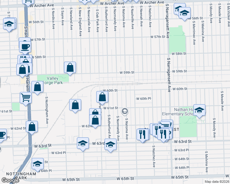 map of restaurants, bars, coffee shops, grocery stores, and more near 6018 South Normandy Avenue in Chicago